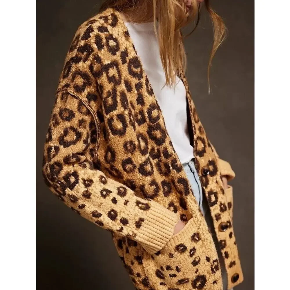 Free People State Side Cardigan Leopard Soft Rib Knit Button Sz:Sm NWT Ret$168. - Picture 3 of 4